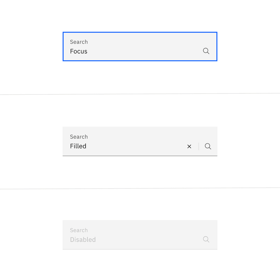 Examples of focus, filled, and disabled search states