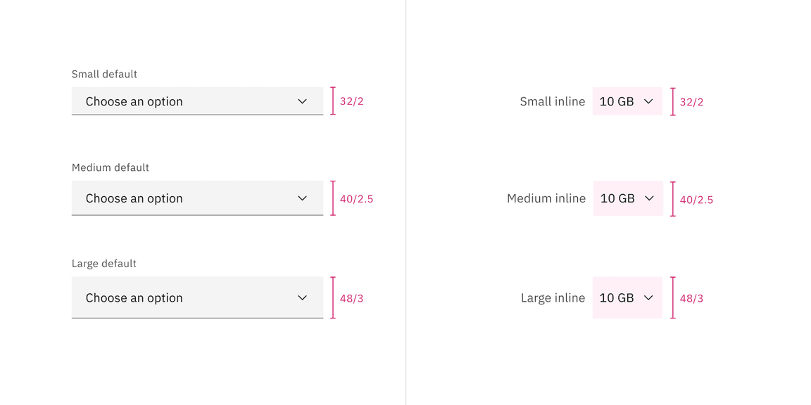 Select default sizes